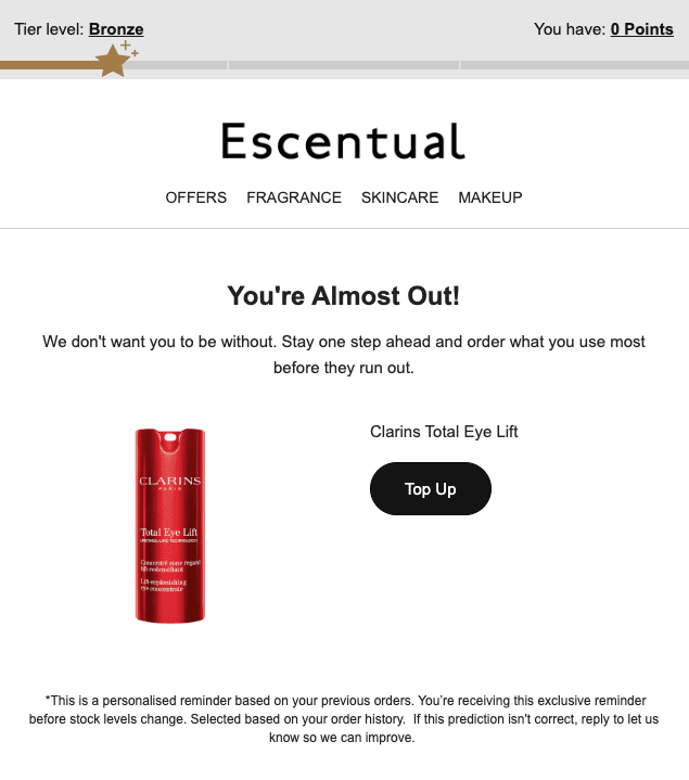 Escentual AI-Powered Replenishment Email